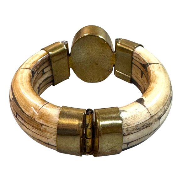 Vtg Carved Bone Boho Brass Wood Bangle Bracelet Large Amethyst Stone Statement - Picture 9 of 10